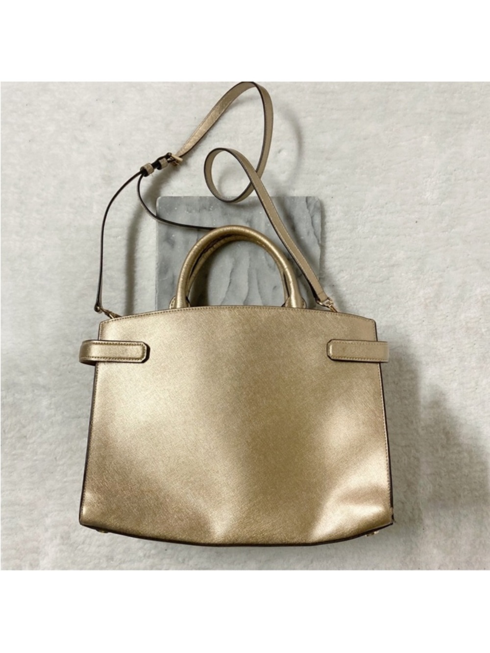 Michael Kors Karla East West Satchel Handbag Metallic Gold Crossbody - Picture 2 of 15